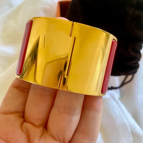 Hermes Red and Gold Clic Clac Cuff Bracelet - Picture 3 of 5